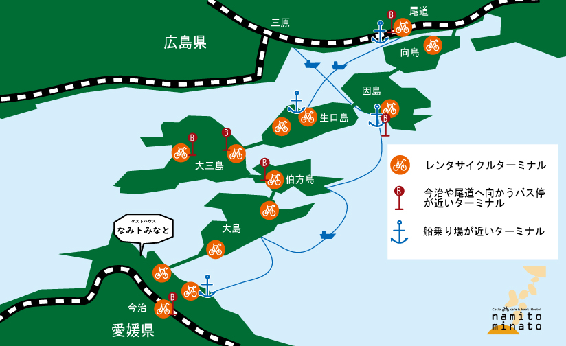 ［イラスト］しまなみ海道 自転車・原付バイクの旅：レンタサイクルのターミナルマップ
